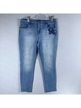 Miss Poured In Blue Jeans Size 14 Floral Embroidered Skinny Mid Rise Light Wash